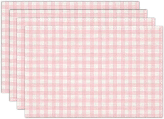 Pink and White Gingham Linen Placemats Set of 4, Waterproof Washable Heat Resistant Place Mats 12x18 Inch, Table Mat for Restaurant Outdoor Indoor Home Kitchen Party Dining Decoration-16