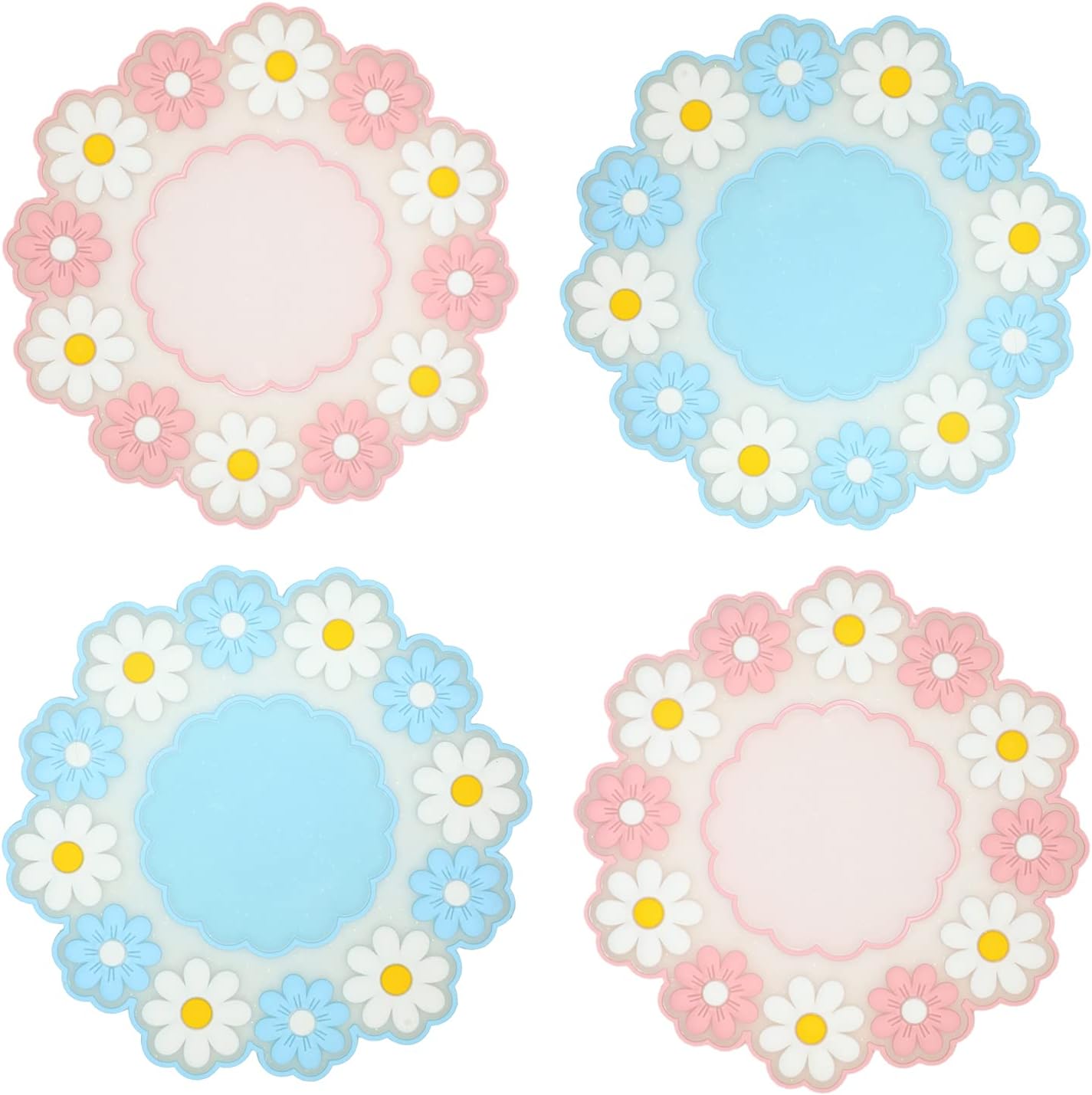 Coasters for Drinks, Cute Coaster for Coffee Table Set of 4 Non-Slip PVC Silicone Coasters for Tabletop Protection, Daisy Flower Pattern Heat Insulation Placemat (2 Pink+2 Blue)