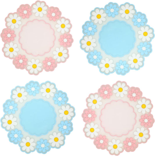 Coasters for Drinks, Cute Coaster for Coffee Table Set of 4 Non-Slip PVC Silicone Coasters for Tabletop Protection, Daisy Flower Pattern Heat Insulation Placemat (2 Pink+2 Blue)