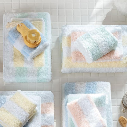 Vie Triomphe Soft Luxury 6 Piece Towel Sets, 2 Bath Towels 2 Hand Towel 2 Washcloths,100% Cotton Towels for Bathroom, Pink Striped and Yellow Striped, 6-Piece Towel Set;