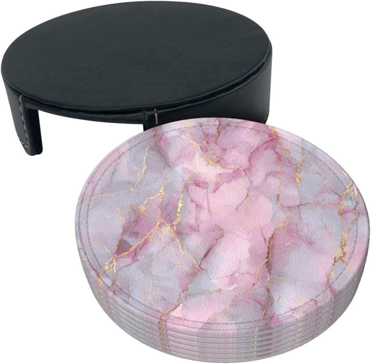 Light Pink Marble with Gold Premium Leather Coasters, Set of 6 with Holder, Stylish Beverage Coasters for Kitchen Coffee Bar