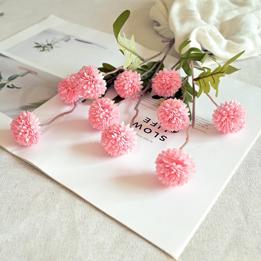 Laelfe 5Pcs Artificial Pompon Mum, Fake Kiku Flowers Silk Small Mini Chrysanthemum Ball Faux Mum Decor for Autumn Filler DIY Bouquet Centerpieces Arrangements Shower (Pink)