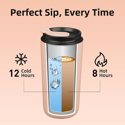 BJPKPK 16oz Insulated Tumbler with Lid,Travel Coffee Mug Stainless Steel,Leakproof Reusable Thermal Cup for Cold and Hot Drinks,Peach