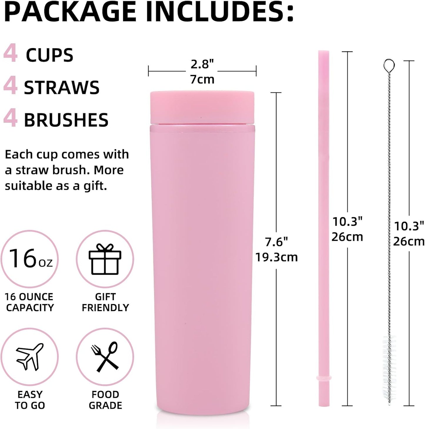 Volhoply 16oz Plastic Skinny Tumbler With Lid and Straw Bulk 4 Pack,Insulated Double Wall BPA Free Matte Acrylic Tumblers,Iced Coffee Travel Mug Reusable Party Cup,Customizable Diy Gifts(Pink,4 Set)