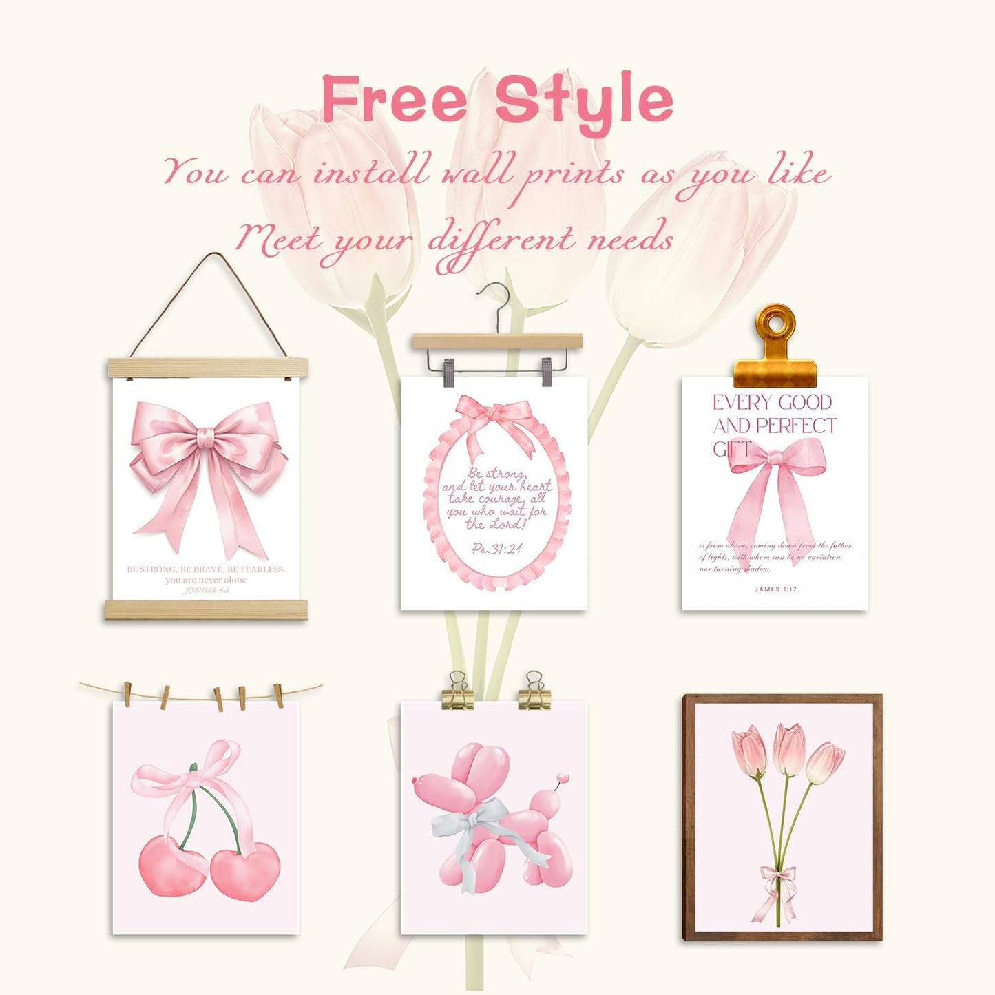 Pink Bows Bible Verse Christian Canvas Wall Art Set of 9, Trendy Posters Prints Wall Decor, Cute Coquette Preppy Girls Aesthetic Room Decor Gifts for Bedroom Living Room Home Decor 8x10inch Unframed