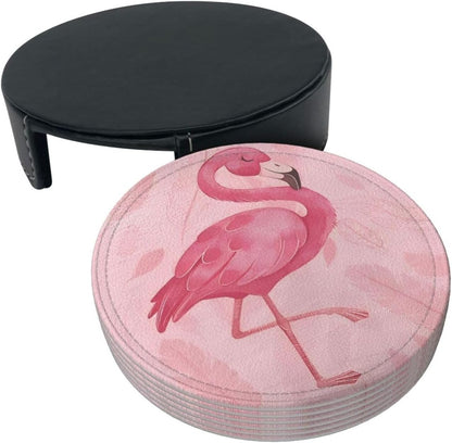6 Pcs Pink Cute Flamingo Modern Art Boho Leather Coasters for Drinks with Holder Coaster Sets Drink Table Cup Coasters for Living Room Kitchen Coffee Decor