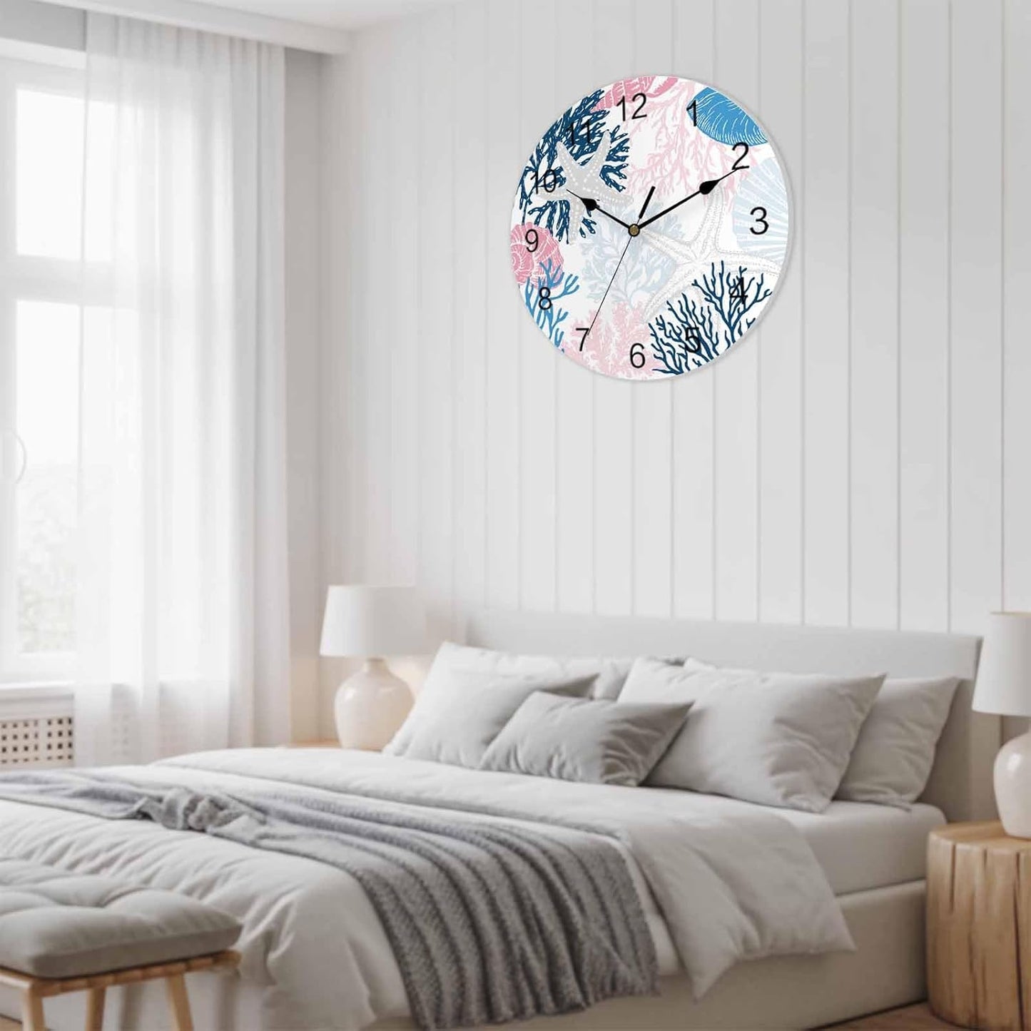 LooPoP Wall Clock Ocean Coral Starfish Clocks PVC Silent Non-Ticking Battery Operated Blue Pink Coastal Shell Conch Round Clock for Home Living Room Kitchen Bedroom Office School Wall Decor 12 Inch