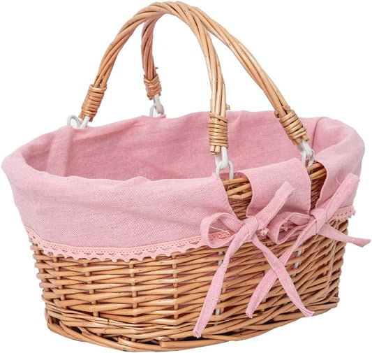 Small Wicker Basket with Removable Pink Liner, Willow Storage Basket for Gifts with Double Handles, Easter Basket,Wedding,Egg Gathering,Pink