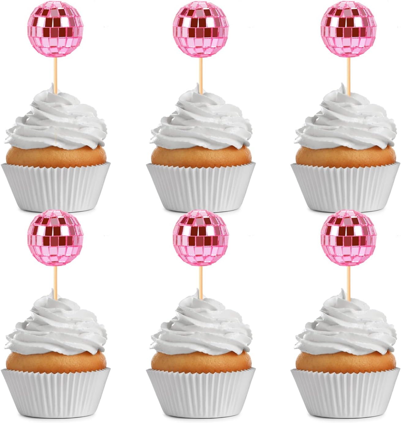 24 PCS Pink Disco Ball Cupcake Toppers Disco Ball Cupcake Picks Reflective Mirror Ball Cake Toppers Disco Table Decorations for 70s Disco Theme Birthday Party Christmas Decorations