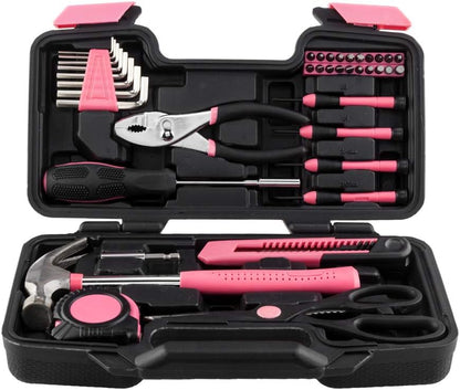 39-Piece Home Tool Kit with Carrying Case, Hand Tools Set with Pliers, Screwdrivers, Hammer,Pink