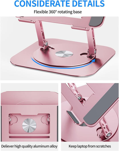 AOEVI Adjustable Laptop Stand with 360 Rotating Base, Computer Stand for Laptop Ergonimic Foldable Laptop Riser for Desk Compatible with MacBook Pro/Air Notebook up to 16 Inches,Pink