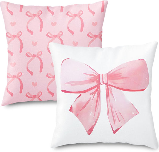 2 Pcs Pink Bow Pillow Covers Watercolor Bowknot Throw Pillow Cases Coquette Cushion Covers for Party Home Couch Sofa Car, 18 x 18 in