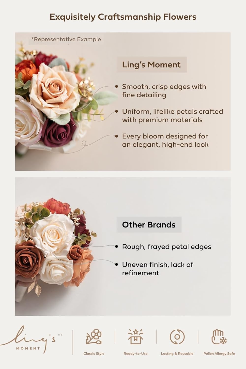 Ling's moment Dusty Rose Artificial Wedding Flower Bouquet for Bridesmaid Pink Floral Bouquet Blush Bridesmaid Bouquets with Ribbon Ceremony Anniversary,7-inch Diameter
