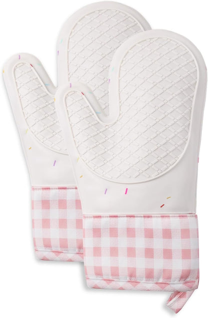 Silicone Oven Mitts, 2PCS Heat Resistant 500°F Oven Gloves with Cotton Lining, Non-Slip Kitchen Mitts for Cooking, Baking, Microwave, Air Fryer, BBQ - Waterproof Pot Holders(Pink)
