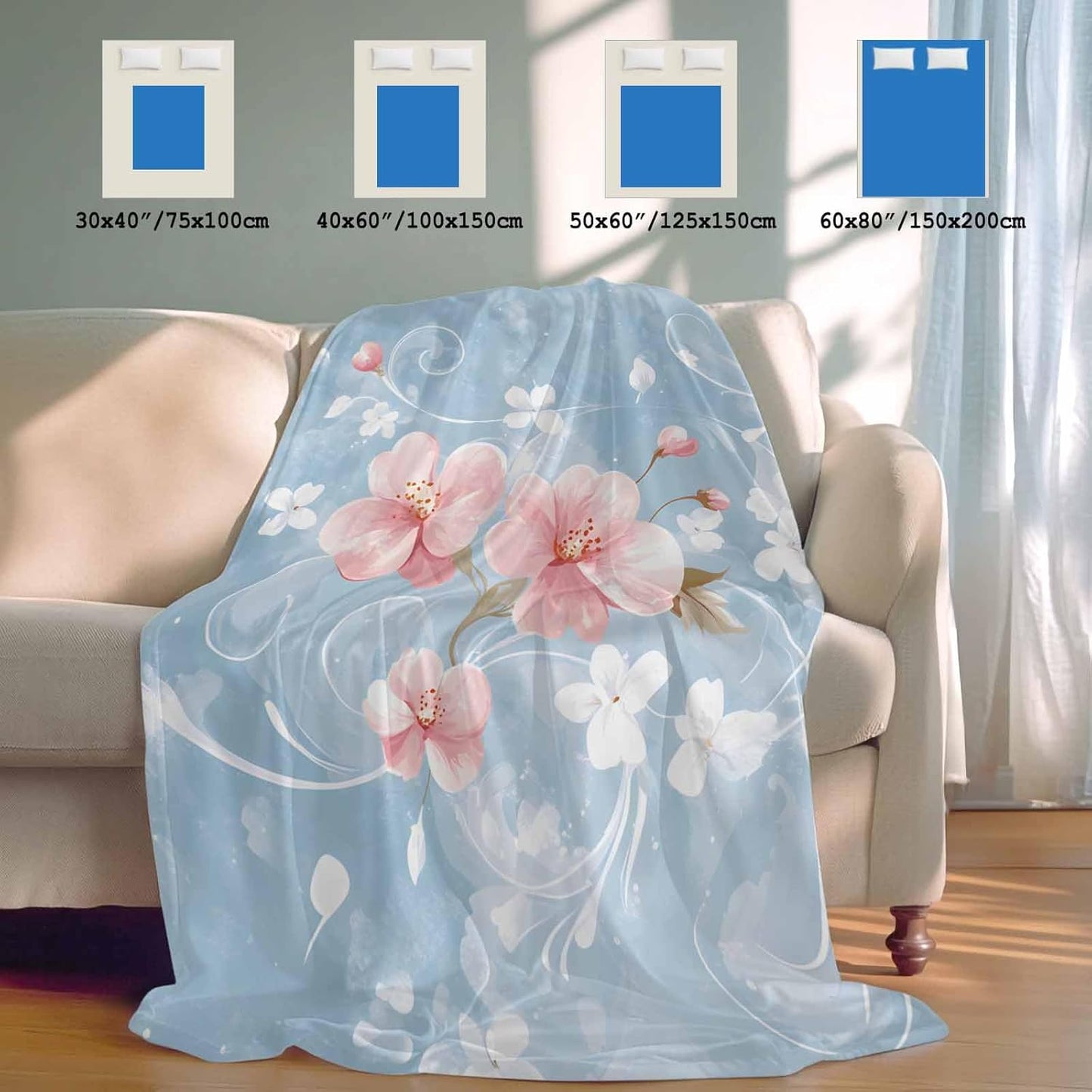Pink Flowers Cooling Blanket, Lightweight Breathable Summer Throw Blanket with Double Sided Cold Effect,Farmhouse Watercolor Botanical Florals Picnic Beach Blankets Bed Sheet for Hot Sleepers 30"x40"
