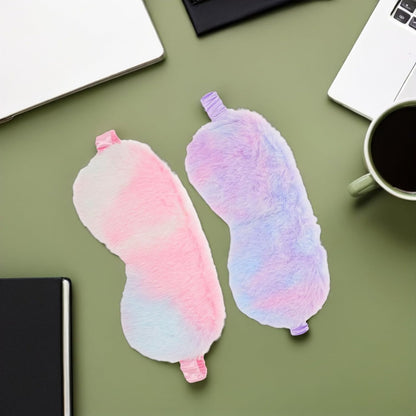 NOLITOY 2pcs Plush Rabbit Fur Sleep Eye Masks and Women – Soft Faux Silk Light Blocking Cover for Travel and Nap, Comfortable Skin-Friendly Eyemask Set in Iridescent Blue Pink