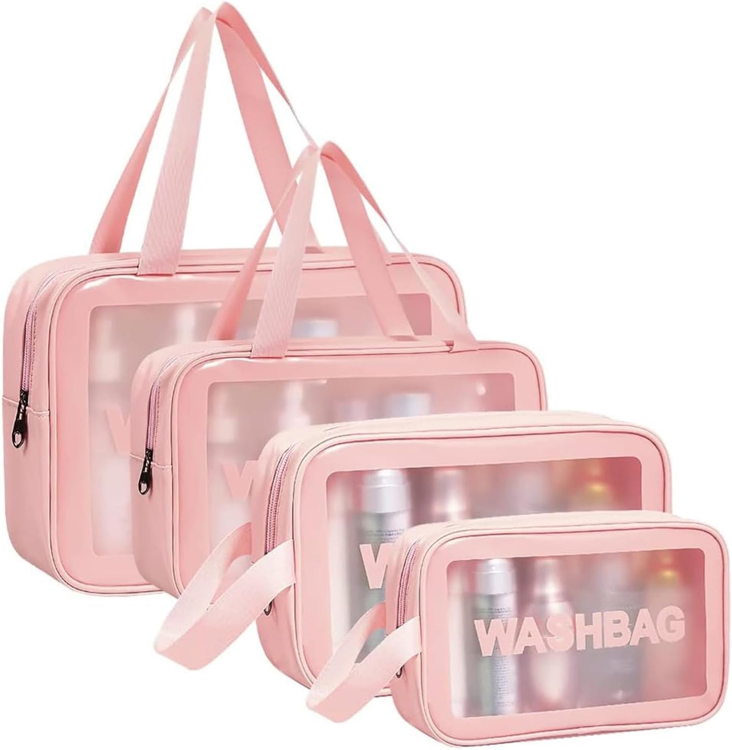 Aucuu 5PCS Clear Toiletry Bags, Wash Bag, Clear PU Makeup Bag, Waterproof Toiletry Travel Bag with Zipper Handle, Portable Airport Cosmetic Bag for Travel Bathroom Men Women (Pink)