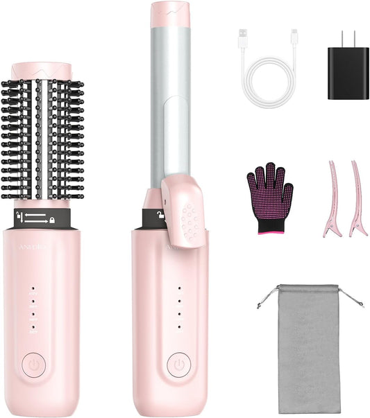 Cordless Curling Iron Brush,MCH Ceramic Hot,8000mAh,4 Temp Setting,1/1.5 inch Portable Mini Travel Comb,Rechargeable Hair Curler Cordless with 200 Million Negative Ions,Dual Voltage (Pink)