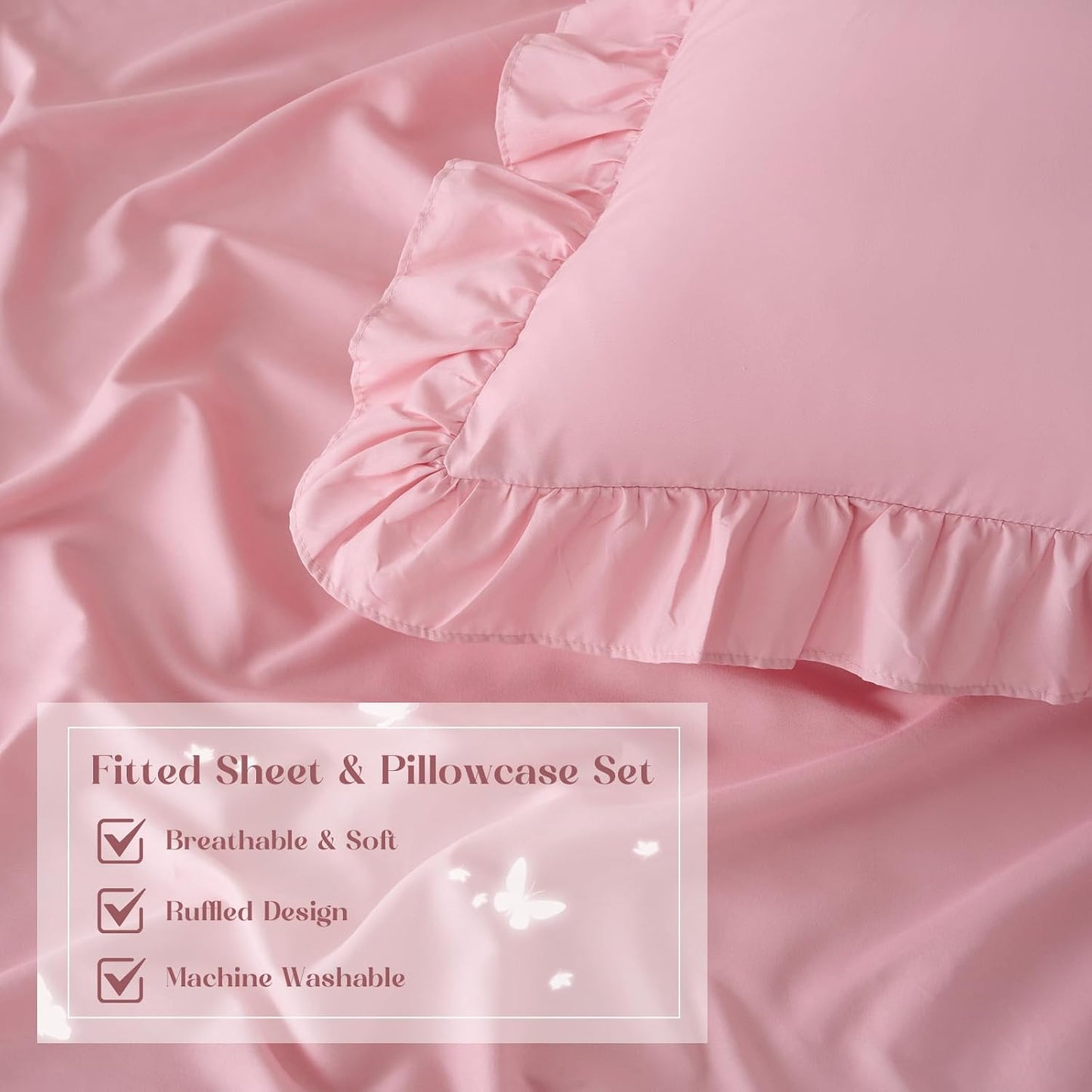 Homiest 3-Pieces Ruffle Pillow Case & Fitted Sheet Set, Light Pink Queen Sheets with 2 Ruffled Pillow Shams, 15 Inch Deep Pocket, Cute & Coquette Microfiber Bed Set for Decorating Bedroom Hotel