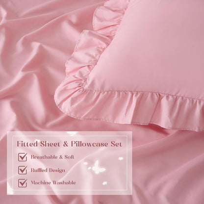 Homiest 3-Pieces Ruffle Pillow Case & Fitted Sheet Set, Light Pink Queen Sheets with 2 Ruffled Pillow Shams, 15 Inch Deep Pocket, Cute & Coquette Microfiber Bed Set for Decorating Bedroom Hotel