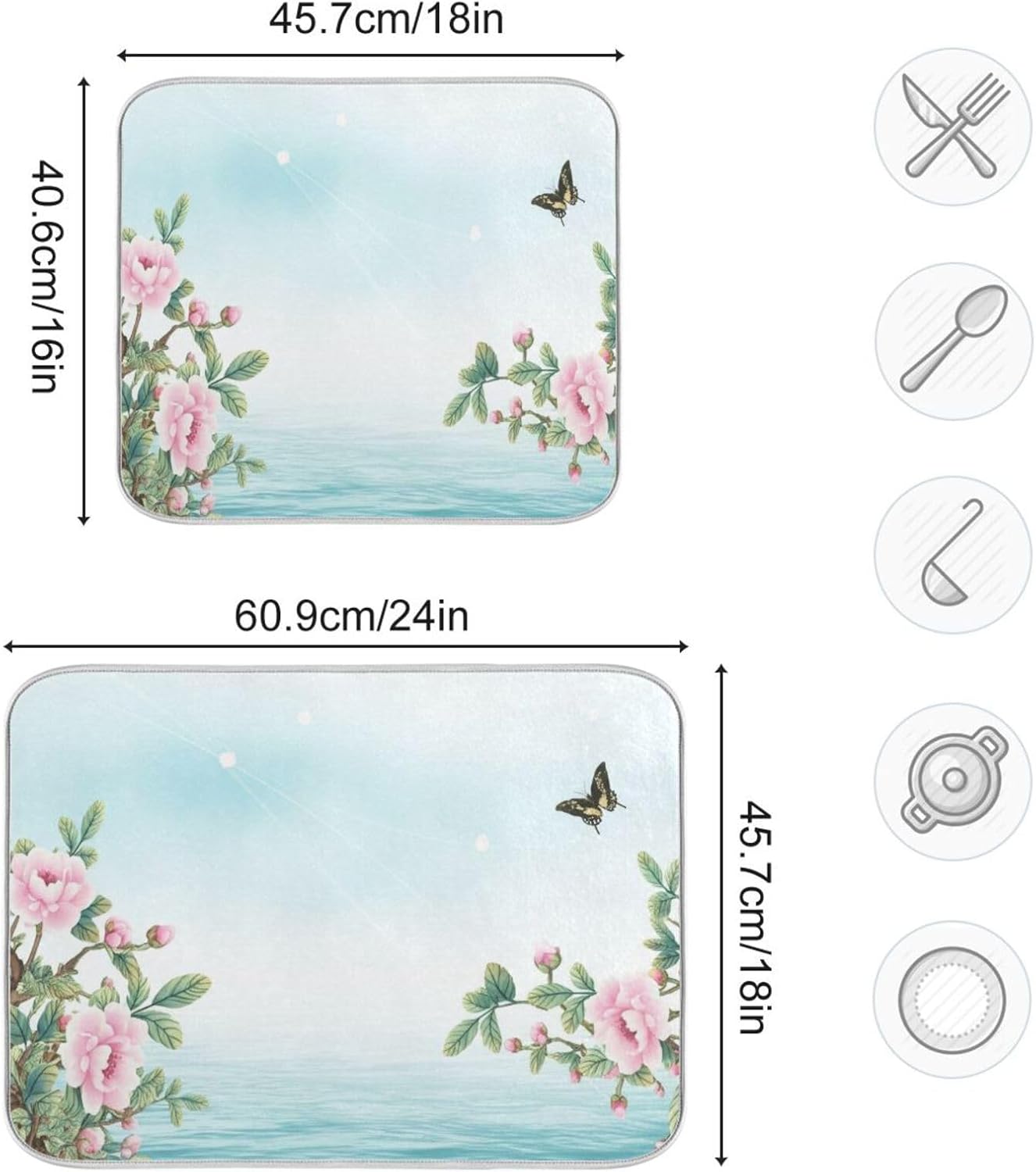 Dish Drying Mats for Kitchen Counter, Pink Floral Light Blue Coffee Bar Mat Reversible Absorbent Kitchen Drying Mat for Kitchen Counter Holiday Home Decoration Large 18 x 24 Inch