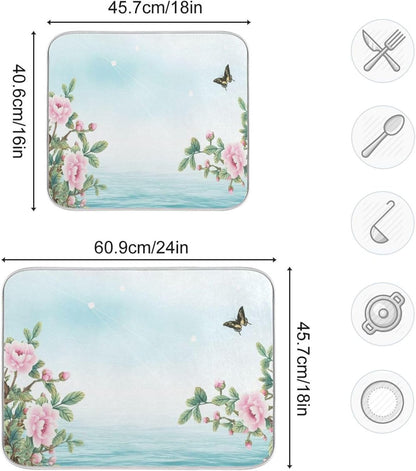 Dish Drying Mats for Kitchen Counter, Pink Floral Light Blue Coffee Bar Mat Reversible Absorbent Kitchen Drying Mat for Kitchen Counter Holiday Home Decoration Large 18 x 24 Inch