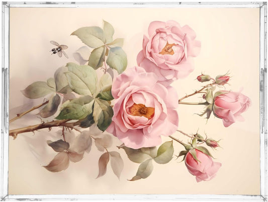 Plastic Food Serving Tray Decorative Vanity Trays for Bathroom Pink Rose Vintage Painting Coffee Table Kitchen Counter 11.8 * 15.7in