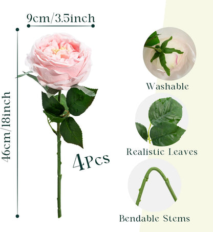 4 Pcs Real Touch Peonies Artificial Flowers, 3.5'' Big Bloom Austin Rose Peony Latex Fake Flower with Stems for Wedding Bouquet Party Valentines Arrangement Home Kitchen (Light Pink)