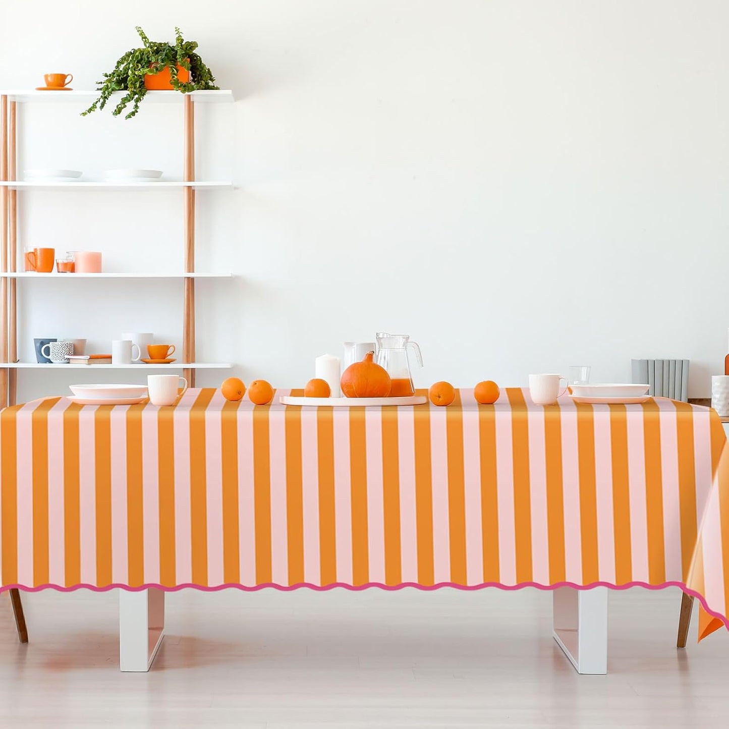 Whaline Scalloped Edge Tablecloth, Orange Pink Striped, 55 x 70 Inch | Waterproof Fabric Tablecloth, Rectangle Table Cover, for Home Kitchen Table Decoration