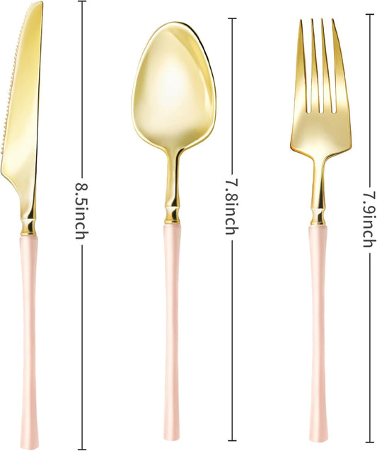Lullaby 90pcs Gold Plastic Silverware, High End Disposable Cutlery with Pink Handle Include 30 Forks, 30 Spoons, 30 Knives, Elegant Disposable Silverware for Wedding, Party, Gathering and Daily Use