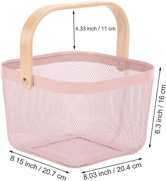 AJIODA Metal Mesh Wire Basket, Small Steel Basket with Wooden Handle Storage Organizer Basket Multi-functional Hanging Kitchen Baskets Fruit Baskets for Kitchen Bathroom Cabinet Pantry Snacks, Pink