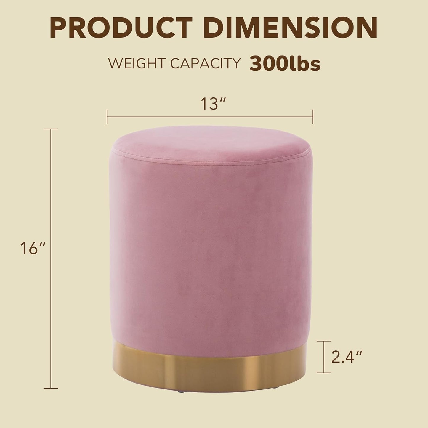 LSSBOUGHT Round Velvet Ottoman, 16" H Footrest Stool with Gold Metal Base, Modern Upholstered Vanity Stool for Living Room, Bedroom, Entryway (Pink, Set of 1)