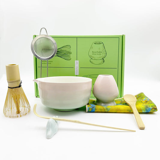 8 Pcs Gradient Pink Matcha Kit - Matcha Whisk Set and Bowl, Matcha Making Kit Whisk, Bowl With Spout, Powder Starter Sifter, Ceramic Whisk Holder, Spoon Japanese Tea Tools For Ceremony Gift