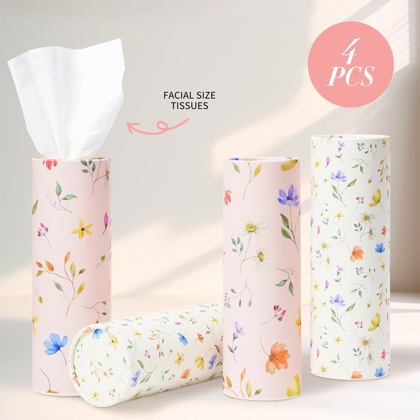 4 Pack Pink Wild Floral Car Tissue Holder with 3-Ply Facial Tissues - Round Cylinder Tissues Fits Car Cup Holder, Travel Tissues Bulk (200 Sheets 7.1x7.1") - Cute Sister Mother's Day Birtyday Gifts