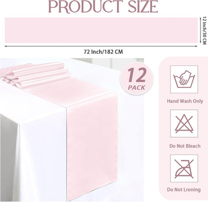 P Pothuiny 12 Pcs Light Pink Satin Table Runner 12 x 72 Inch Long Smooth Wedding Table Runners for Banquets, Graduations and Birthday Party Decoration
