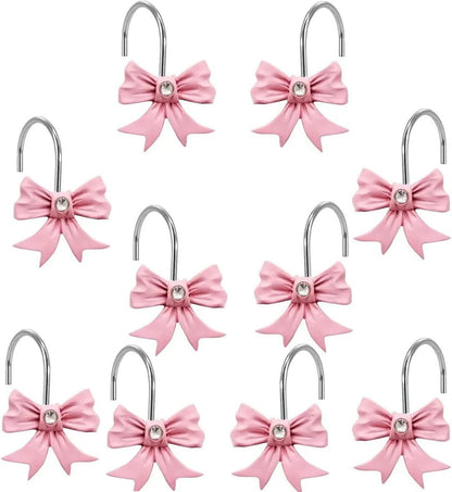 Decorative Shower Curtain Hooks 12PCS Pink Bow Knot Bathroom Shower Hooks Resin Decorative Curtain Hooks Curtain Rings for Bathroom Room Nursery Art Decors