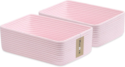 MiniArk Large Shallow Organizing Baskets 15x11x5.1 Inches - Rope Woven Storage Bins for Bathroom, Shelves, Cube Closet, Light Pink 2 Packs