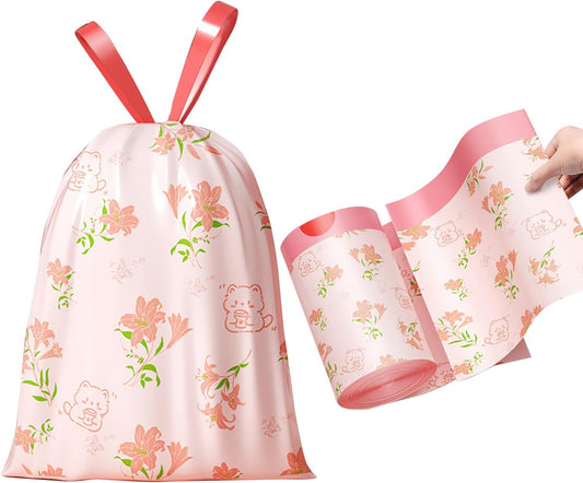 4 Gallon Small Trash Bags 78pcs Tearing-Free Drawstring for Bathroom Office Home Bedroom Trash Can with Pink Lily Printed Garbage Basket Bags
