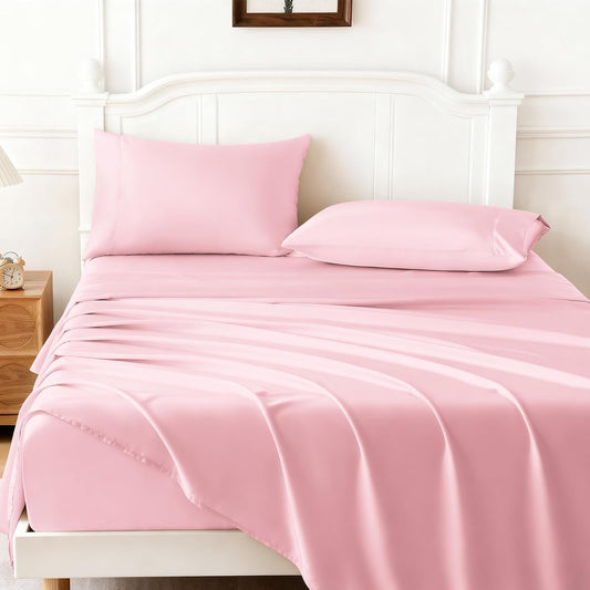 Queen Luxury Satin Sheet Set,4 Pieces Ultra Cooling Silky Feel Breathable Bedsheets, 16 Inch Deep Pockets Bed Sheets,Good for Hair & Skin, Blush Pink