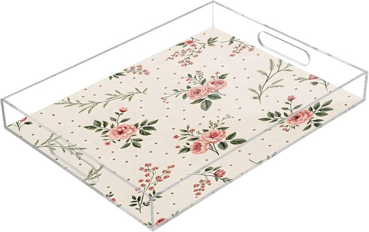 Vintage Floral Pink Serving Tray 12" x 16" Acrylic Trays with Handles Decorative Serving Platter for Coffee, Breakfast in Bed, Dinner, Appetizers, Patio, Party