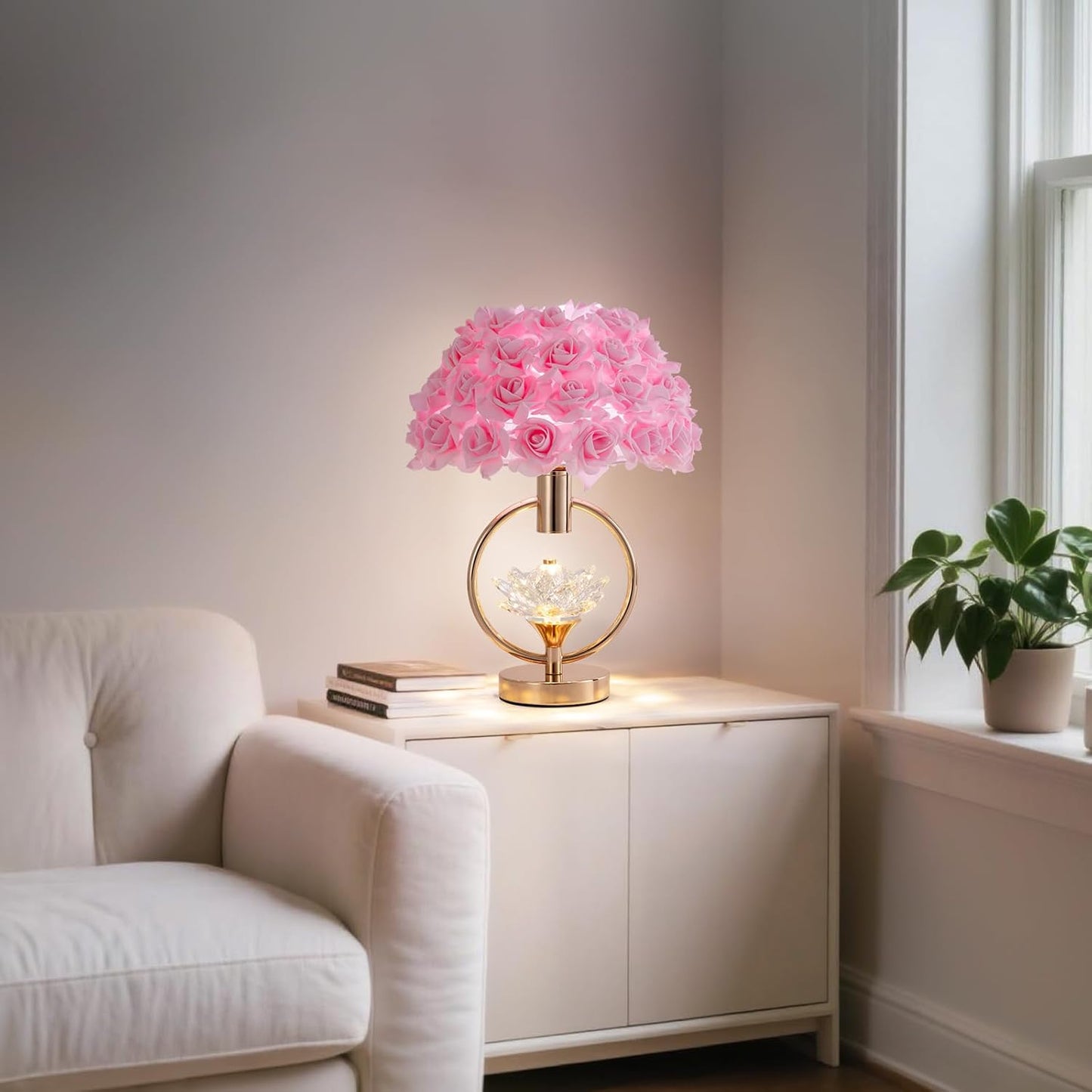 ZYLEISENBAO Modern Pink Flower Table Lamp with Crystal 17IN Romantic Bedside Lamp Princess Rose Flower Desk Nightstand Light for Girl Bedroom Living Room Entrytable Birthday Valentines Gift