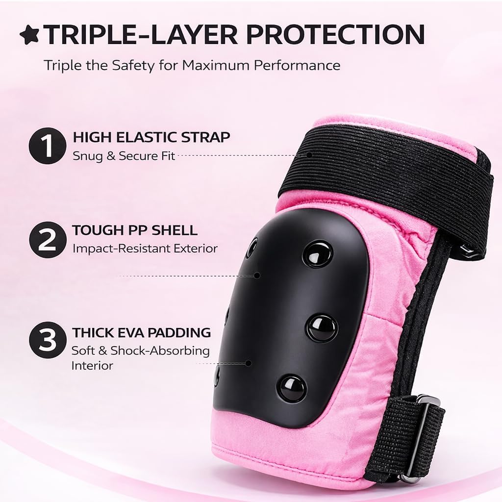 Knee and Elbow Pads Set for Women & Teens – Pink Skateboarding Protective Gear with Wrist Guards, Adjustable Skate Pads for Roller Skating, Inline Skating, Cycling (S/M/L)