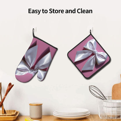 White Satin Bow On Light Pink Oven Mitts and Pot Holders Sets,Heat Resistant Potholder Kitchen Decor for Cooking Baking BBQ, Oven Glove Set