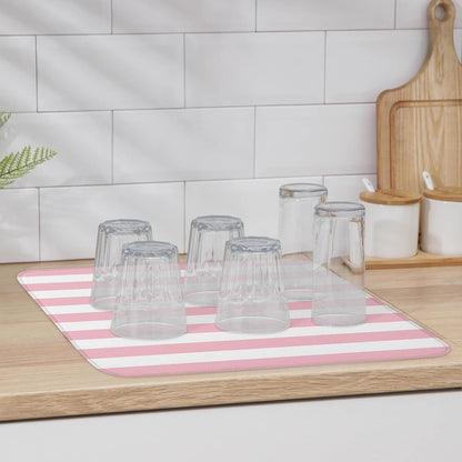 Dish Drying Mat Pink White Stripes Dish Drying Mats for Kitchen Counter Valentine's Day Absorbent Microfiber Dish Drying Mat Dish Rack Mat with Hanging Loop, Quick Drying Dish Mat 16*18in