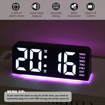 Digital Alarm Clocks, Rectangular LED Alarm Clock, Small Modern Table Clock with Night Lights, Four Adjustable Brightness Levels, Bedside Clock with Week Display for Bedroom Office Living Room (Pink)