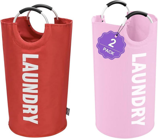 Large Collapsible Laundry Basket with Aluminum Handles, 90L Foldable Tall Clothes Hamper, 2 Pack (pink and red)