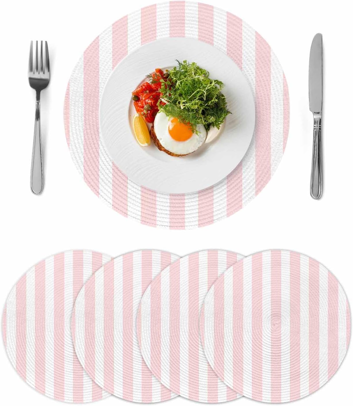 Pink Striped Round Placemats Set of 4 for Dinning Tables,Heat-Proof Braided Table Mats 13 Inch,Modern Farmhouse Pink White Stripes Washable Place Mat for Kitchen Restaurant Party Decor Table Setting