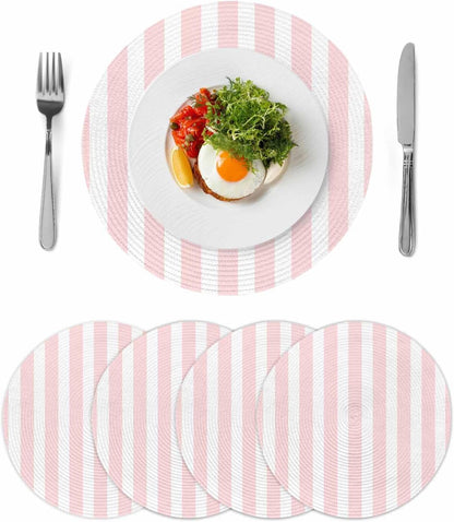 Pink Striped Round Placemats Set of 4 for Dinning Tables,Heat-Proof Braided Table Mats 13 Inch,Modern Farmhouse Pink White Stripes Washable Place Mat for Kitchen Restaurant Party Decor Table Setting
