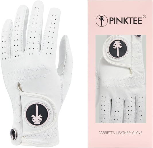 PINKTEE Golf Glove Women Left Hand Premium Cabretta Leather with Pink Marker All Weather Golf Gloves for Ladies Size Small Medium Large