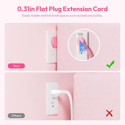 NTONPOWER Pink Extension Cord 15 ft, Pink Power Strip Flat Wall Plug with 3 Outlets 3 USB (1 USB C), Flat Extension Cord for Home Office Dorm Room Essentials